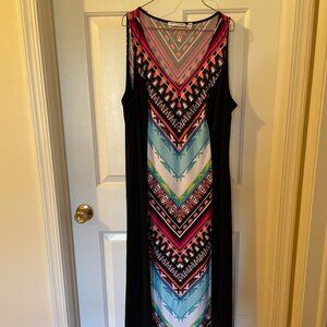 Ladies Sleeveless maxi dress with vibrant geometric patterns by Notation size 1X